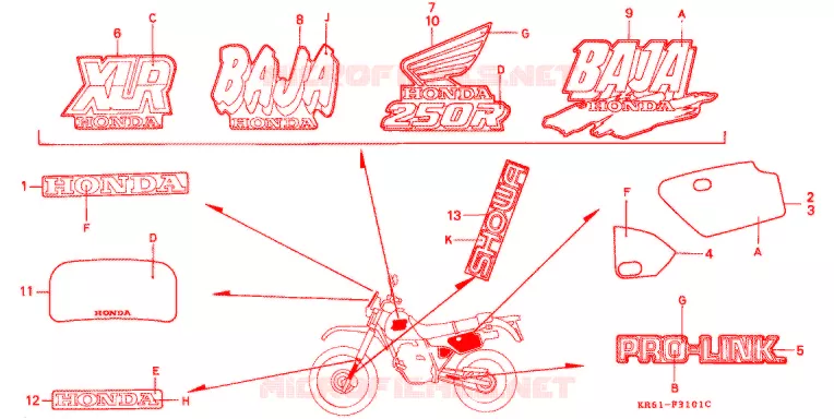 STICKERS (2) (RH/R3J/RK/RL/R3L) Honda MOTO 250 XL 1989  XLR250RK